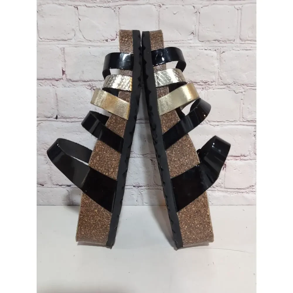 Sanosan Black Patent Metallic Leather Straps Soft Footbed Cork Wedge Sandals 38